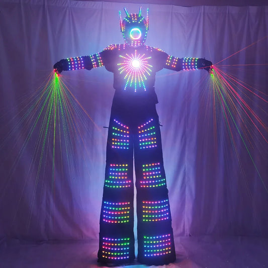 Pixel LED Robot Suit Light-Up Stilts Walker Costume David Guetta Dance Color Luminous Clothing Laser Gloves CO2 Gun Jet Machine