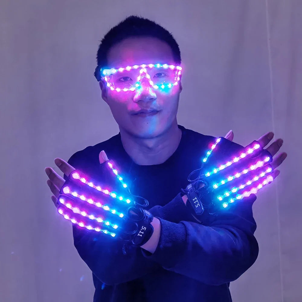 LED Gloves Glowing Glasses Light Up Glasses Rave Costume Decor DJ Dance Performances Luminous Props Halloween Decorati